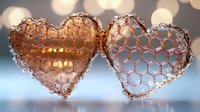 Delicate honeycomb-patterned hearts with rose gold metallic texture against soft bokeh background create romantic mood. Decorative elements for valentines and love themes.
