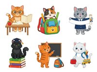 Cartoon cats in various school and education scenarios isolated on white background, ready for educational materials, children's books, stickers, and classroom design projects.