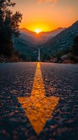 Empty mountain road with yellow line leading toward dramatic sunset between hills creating golden hour travel and journey concept for adventure themes.