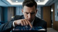 Focused businessman in dark suit analyzing data on tablet screen in modern office environment with professional lighting and contemporary interior design.