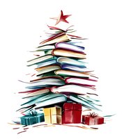 Creative Christmas tree made from stacked books with wrapped presents underneath and red star on top, arranged in festive holiday composition on white background.