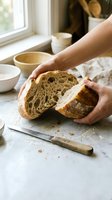 Hands breaking fresh artisan sourdough bread revealing airy crumb texture on marble counter in bright kitchen with ceramic bowls and natural window light.