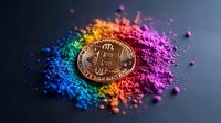 Golden bitcoin cryptocurrency coin on vibrant rainbow colored powder background with scattered particles creating dynamic composition for financial concept.