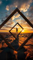 Silhouette of person walking on beach at sunset, framed by geometric wooden squares against dramatic orange sky and textured sand. Perfect for travel content.