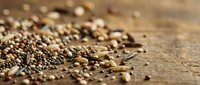 Mixed seeds and grains scattered on rustic wooden surface for healthy cooking and baking recipes. Natural organic superfood ingredients.