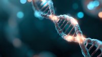 Glowing DNA strand helix structure on dark turquoise background with bokeh lights, genetic research concept for medical and scientific visualization.