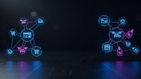 Digital network connections with glowing blue and purple icons representing ecommerce, technology and business concepts on dark background.