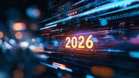 Glowing neon 2026 number against futuristic digital background with motion blur effect, blue and pink light trails creating dynamic technology concept.
