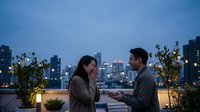 Young Asian couple sharing romantic moment on urban rooftop terrace at twilight with city skyline backdrop and warm lighting for lifestyle content.