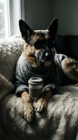 German shepherd dog wearing sunglasses and knitted sweater holding coffee cup on cozy blanket. Funny pet portrait for social media and lifestyle content.