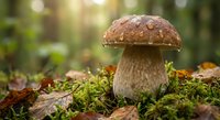 Brown cap mushroom growing in forest moss with autumn leaves and soft sunlight filtering through trees creating natural woodland scene.