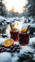 Festive mulled wine with orange slices and cinnamon sticks served outdoors in crystal glasses, surrounded by fresh cranberries and snow at sunset.