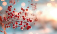 Red winter berries on branches against blurred bokeh background in soft pastel colors, creating dreamy atmospheric nature macro photography.