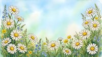 Watercolor meadow with white daisies, yellow wildflowers, and blue blooms framing a soft sky background with copy space.