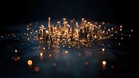 Glowing miniature cityscape at night with illuminated skyscrapers and floating bokeh lights creating magical urban atmosphere against dark background. Suitable for dreamlike concepts.