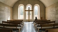 Serene chapel interior with wooden pews facing arched windows and cross, suitable for religious, spiritual, and architectural design projects.