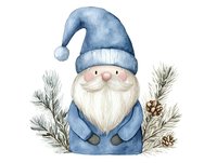 Watercolor Nordic gnome with white beard wearing blue hat and coat, surrounded by winter pine branches and pinecones for holiday decor.