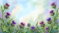 Watercolor thistle flowers border with purple blooms and green leaves on soft pastel background, copy space for text.