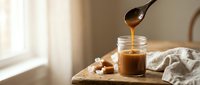 Creamy caramel sauce being poured from wooden spoon into glass jar on rustic wooden table with soft natural lighting for dessert recipes.