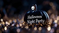 Black decorative pumpkin with Halloween Night Party text and small skull on dark background with golden bokeh lights creating festive atmosphere.
