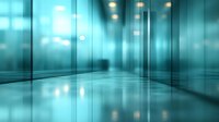 Modern empty corridor with glass walls and reflective floor in turquoise blue tones creates atmospheric corporate interior with soft lighting and depth perspective.