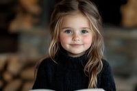 Young child with blonde hair and blue eyes wearing black sweater smiles warmly at camera against soft blurred background, capturing innocence and joy.