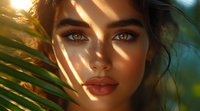 Close up portrait of young mixed race woman with bright eyes and red lips in natural sunlight through palm leaves creating dramatic shadows on face. Perfect for beauty.