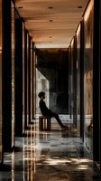 Silhouette of young Asian man sitting alone in modern minimalist hallway with dramatic lighting and reflective marble floors creating moody atmosphere.