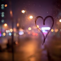 Heart drawn on foggy window glass with romantic city lights bokeh background at night for love and relationship concepts.