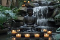 Peaceful Buddha statue in meditation pose surrounded by glowing candles in tranquil garden setting with waterfall and tropical plants for zen relaxation.