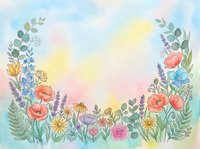Watercolor floral frame with wildflowers, poppies, daisies and greenery on pastel gradient background for spring designs, greeting cards and decorations.