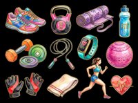 Colorful fitness and sports equipment collection isolated on transparent background, ready for t-shirt designs, clipart, stickers, sublimation and print-on-demand products.