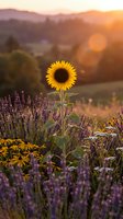 Single sunflower blooming in wildflower meadow at golden hour sunset with rolling hills and warm bokeh light creating peaceful countryside scene.