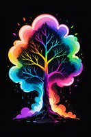 Rainbow colored tree silhouette with vibrant gradient branches and swirling smoke effects on black background, mystical nature art for creative projects.