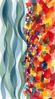 Abstract watercolor composition with flowing green waves meeting vibrant colorful geometric fragments in red, orange, yellow creating dynamic artistic contrast.