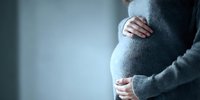 Pregnant woman in gray sweater gently holding her belly with both hands in soft natural light. Maternity care, motherhood and expecting baby concept.