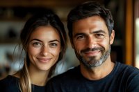Close up portrait of happy mature man with beard and young woman smiling at camera, showing genuine emotions and connection in warm indoor lighting.