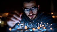 Young Middle Eastern man in glasses interacting with glowing holographic city visualization at night, illuminated by blue light from digital projection, showing future technology concept.