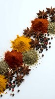 Colorful spices and herbs scattered on white background with star anise, turmeric, paprika, peppercorns and dried seasonings for cooking and culinary arts.