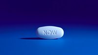 White pill with NOW text on blue gradient background for pharmaceutical and healthcare concepts.