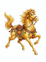 Golden horse with ornate decorative saddle and flowing mane, isolated on white background. Suitable for clipart, design elements, children's illustrations, and festive applications.