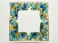 Watercolor floral square frame with teal, blue, and gold flowers and green leaves, white center space for text or design.