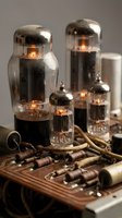 Vintage vacuum tubes glowing with warm orange light on electronic circuit board with resistors and components for retro technology projects.