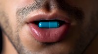 Close up of male lips holding blue medical pill capsule between teeth showing medication intake or pharmaceutical concept.