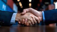 Business handshake between two men in suits closeup view with bokeh lights background, symbolizing partnership agreement and successful deal.