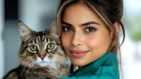 Young woman with blonde hair holding adorable tabby cat with green eyes. Pet owner and domestic animal bonding moment for veterinary or lifestyle content.