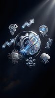 Futuristic brain with glowing neon circuit patterns surrounded by tech icons including gears, growth arrows, microchip, DNA helix, and cloud computing symbols on dark background for AI and innovation concepts.