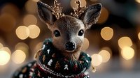 Adorable reindeer figurine wearing knitted winter scarf against blurred golden bokeh lights background, creating magical holiday atmosphere. Perfect for seasonal decor.