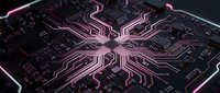 Futuristic circuit board with glowing pink neon pathways and electronic components on dark background for technology and computing concepts.