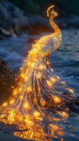 Glowing golden peacock light sculpture against dark water background, creating magical ambiance for festival decoration or fantasy concept art.